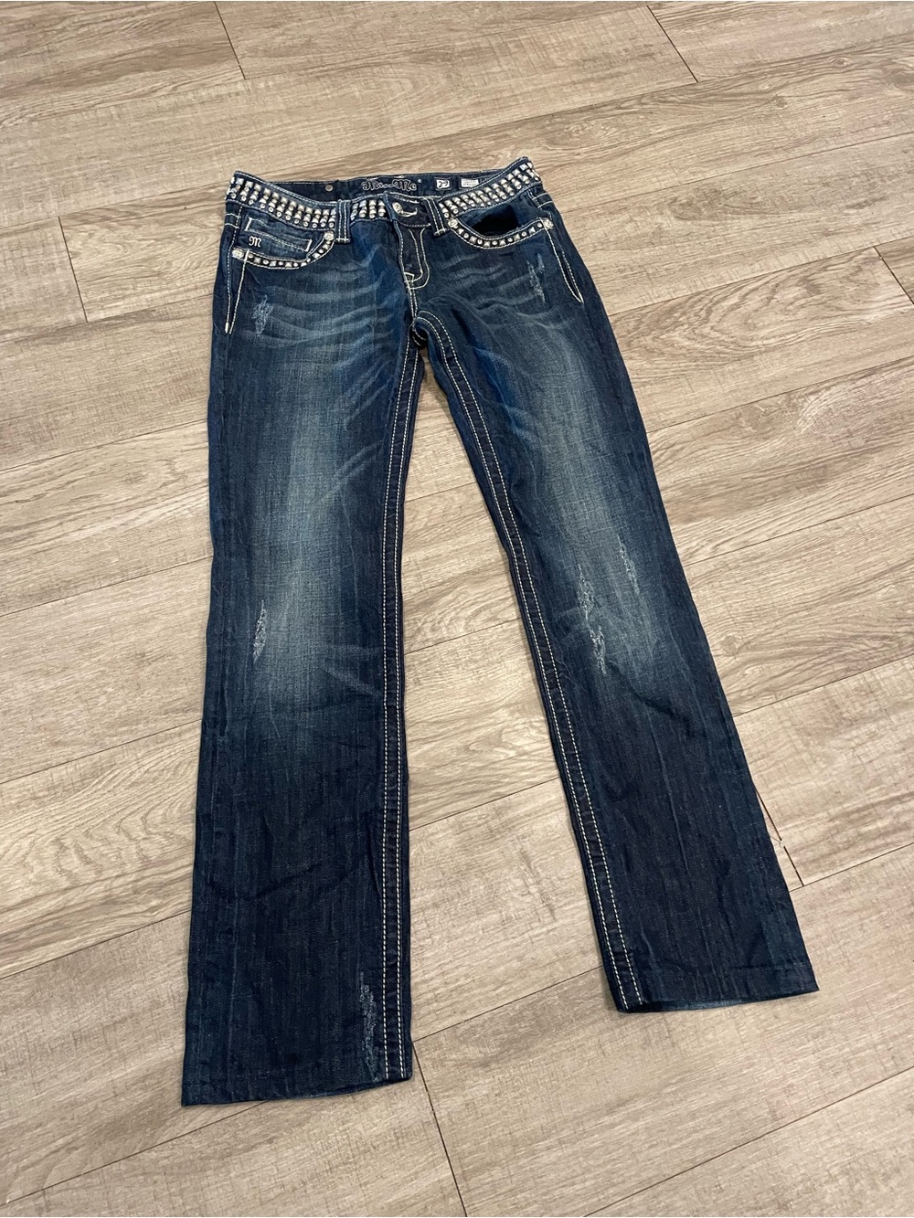 Miss me low rise dark wash straight leg denim jeans Heavily embellished size 29